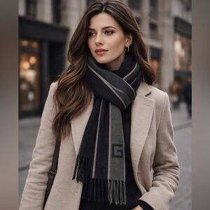 Gucci G Logo Wool Silk Unisex Scarf with Fringe in Black Gray Colorblock Stripe